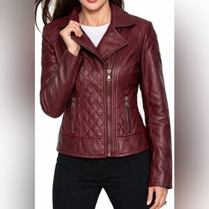 Guess Vintage Vegan Leather Moto Jacket Burgundy Small